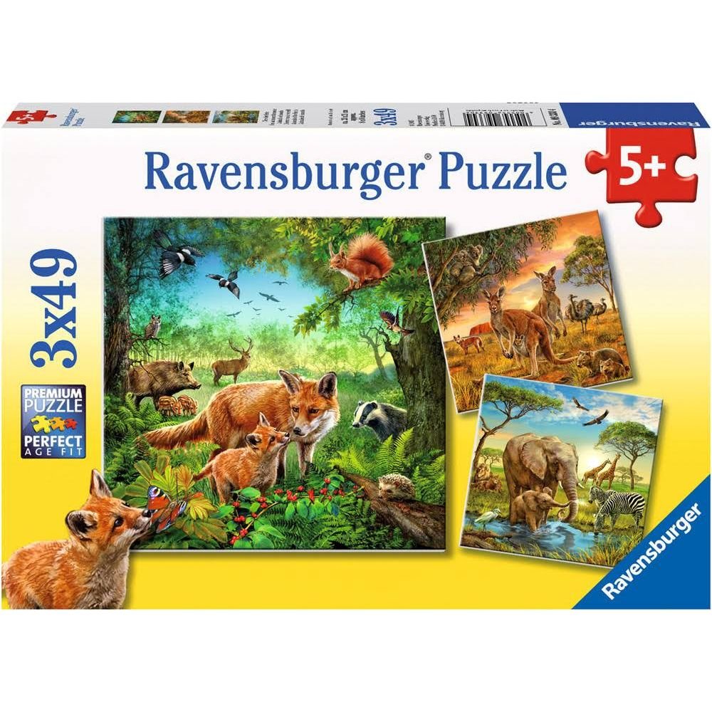 Scatola di puzzle Ravensburger con animali del bosco e della savana.