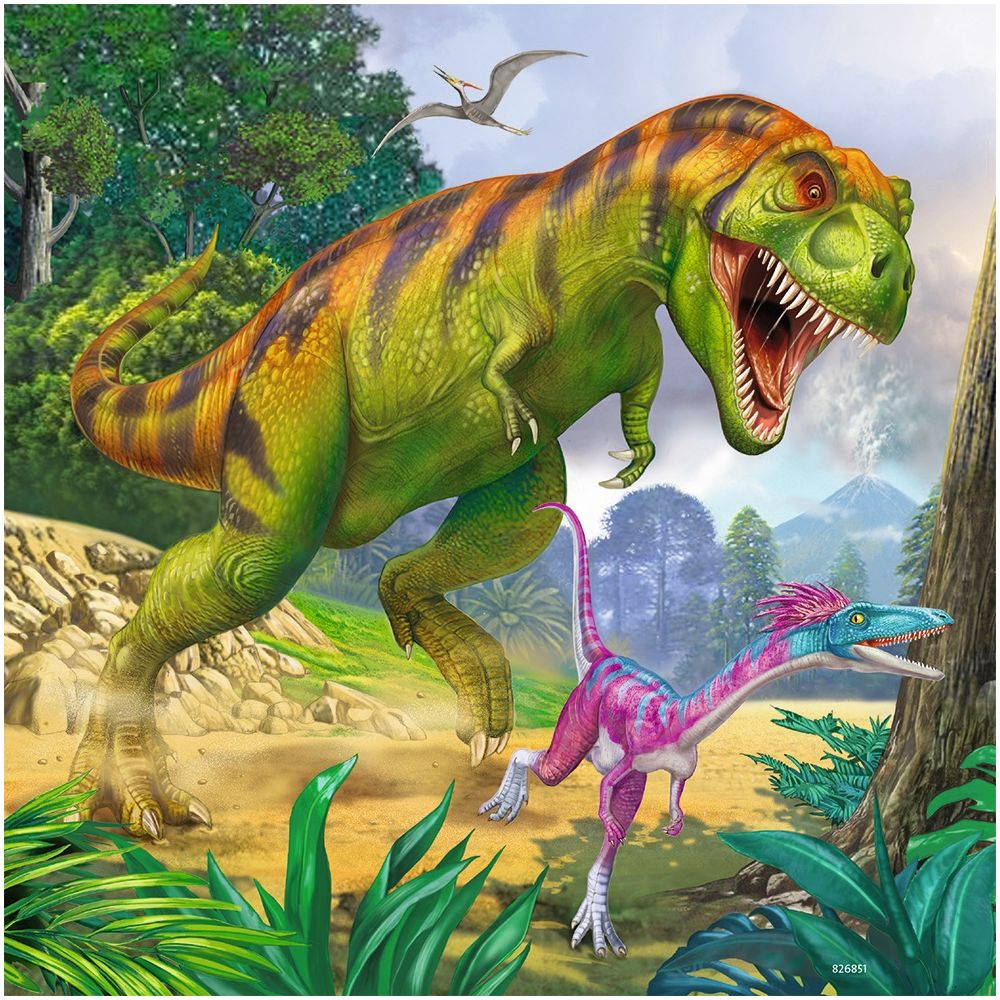 Un grande Tyrannosaurus Rex e un piccolo dinosauro raptor in un paesaggio preistorico con un vulcano.