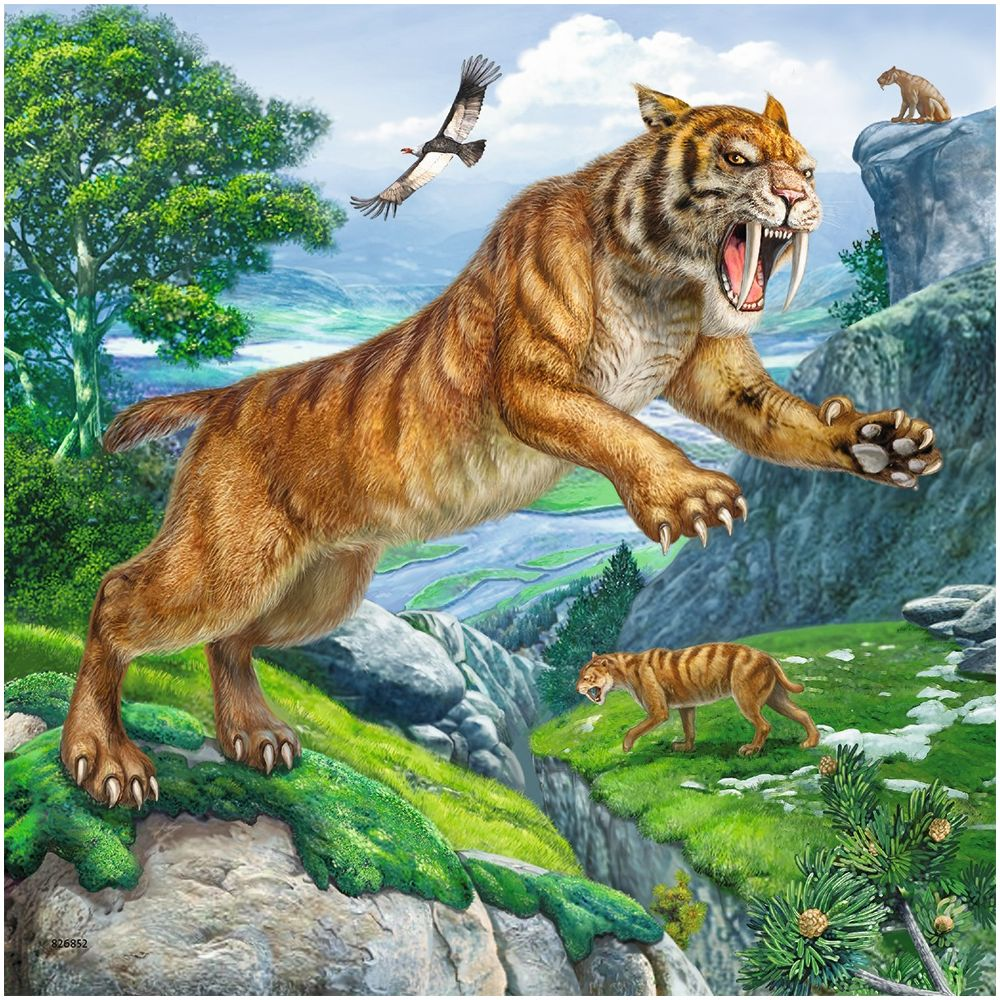 Una tigre dai denti a sciabola salta su un baratro, uccelli volano, un'altra tigre cammina.