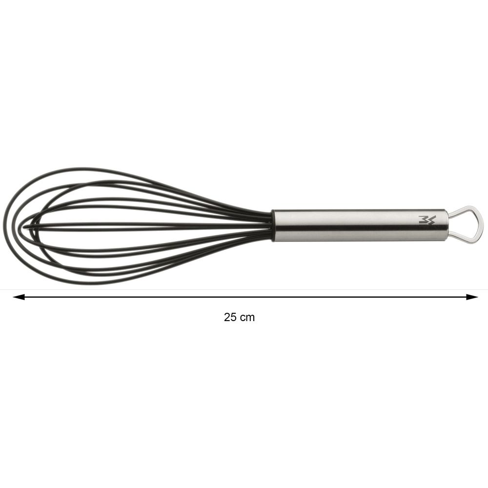 A black balloon whisk with a silver handle, 25 cm long.