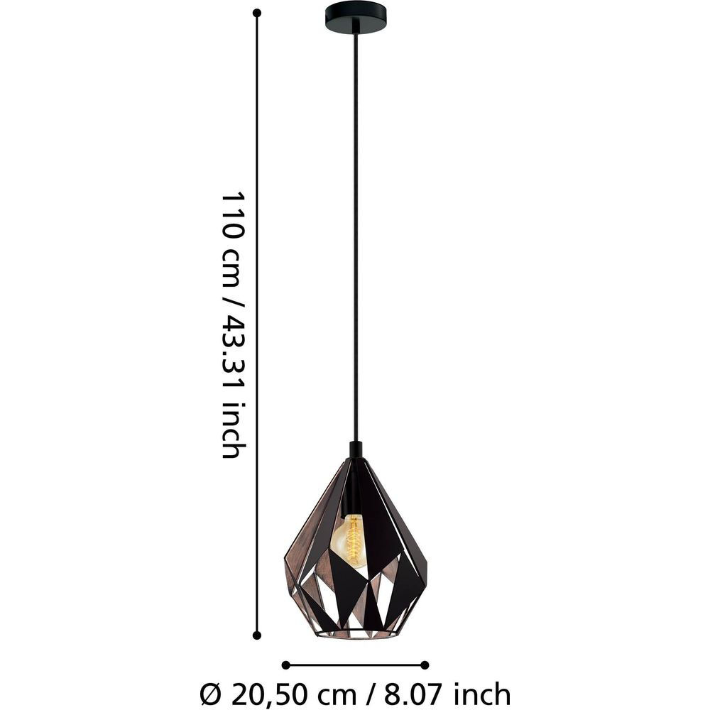 Lampada a sospensione moderna con paralume nero a forma di diamante e lampadina visibile.