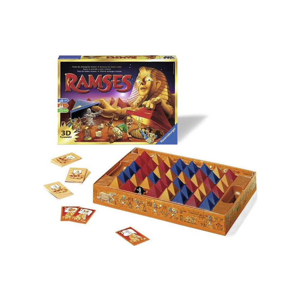 Il gioco da tavolo Ramses con piramidi, carte e tabellone.