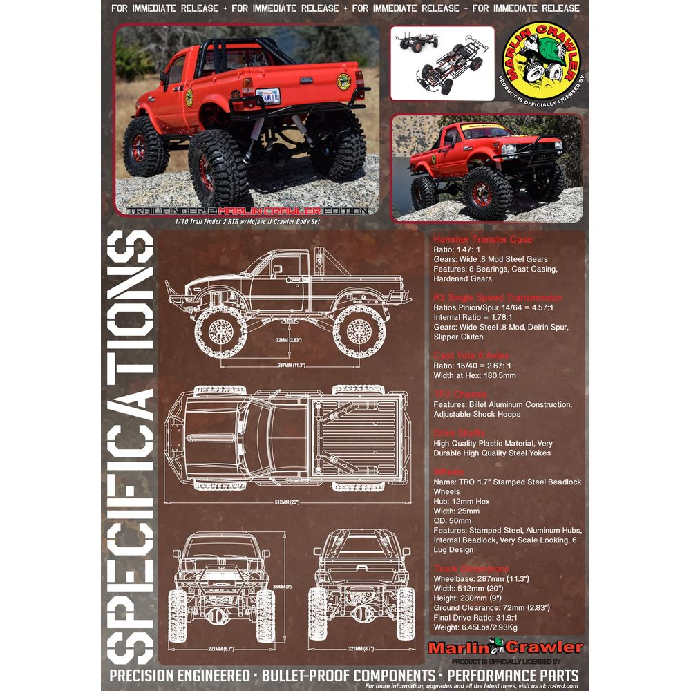 Camion RC rouge échelle 1/10, vue latérale, dessus, avant et arrière avec spécifications.