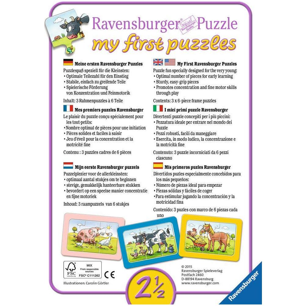 Puzzle Ravensburger: 3 primi puzzle da 6 pezzi, animali fattoria e cavallo.