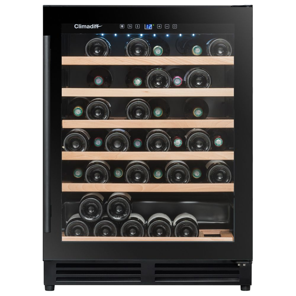 Black wine cooler with glass door, filled with bottles on wooden shelves. Digital display.