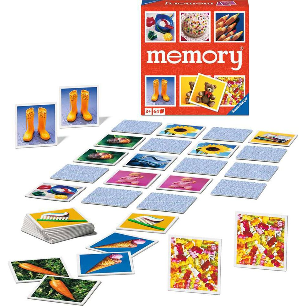Juego de memoria Ravensburger con cartas de ositos de goma, helado, girasoles, botas y más.