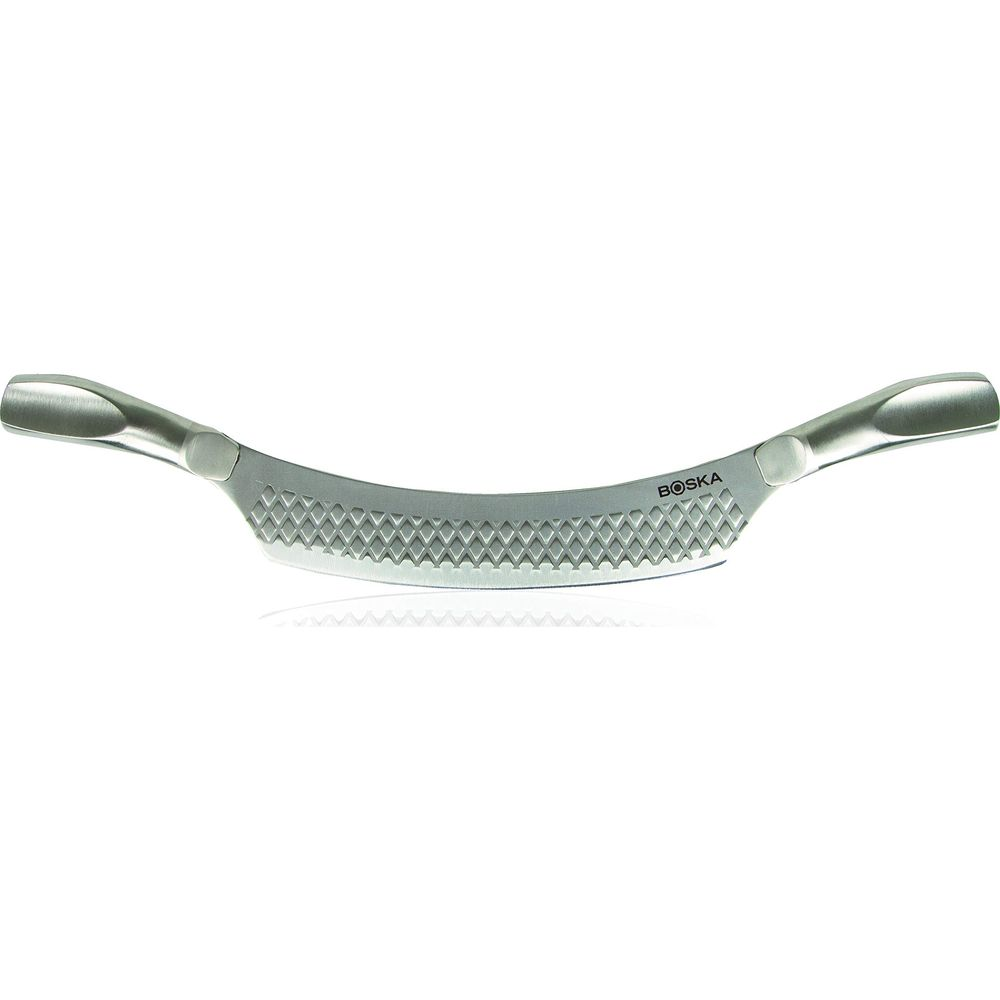 A curved silver cheese plane with handles on both ends.