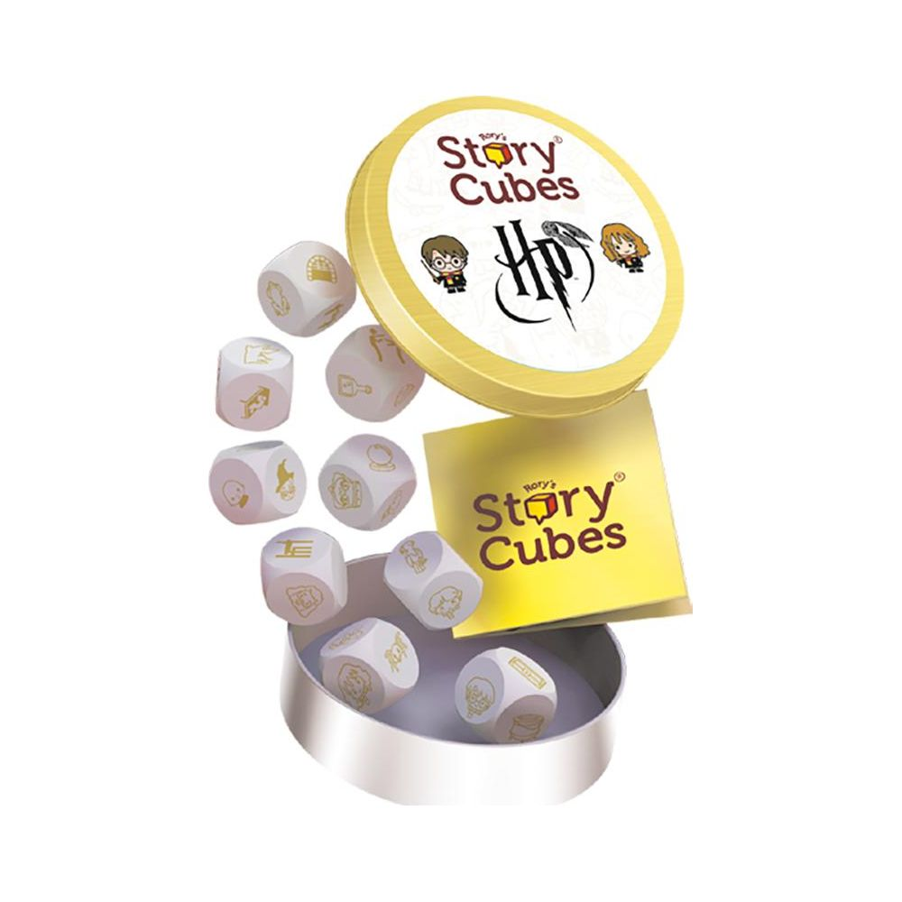 Story Cubes Harry Potter Edition mit Würfeln und Dose. Die Würfel haben Symbole.