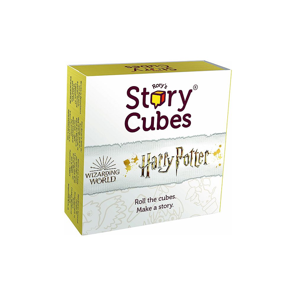 Eine Harry Potter Story Cubes Spielbox, mit dem Schriftzug Roll the cubes. Make a story.