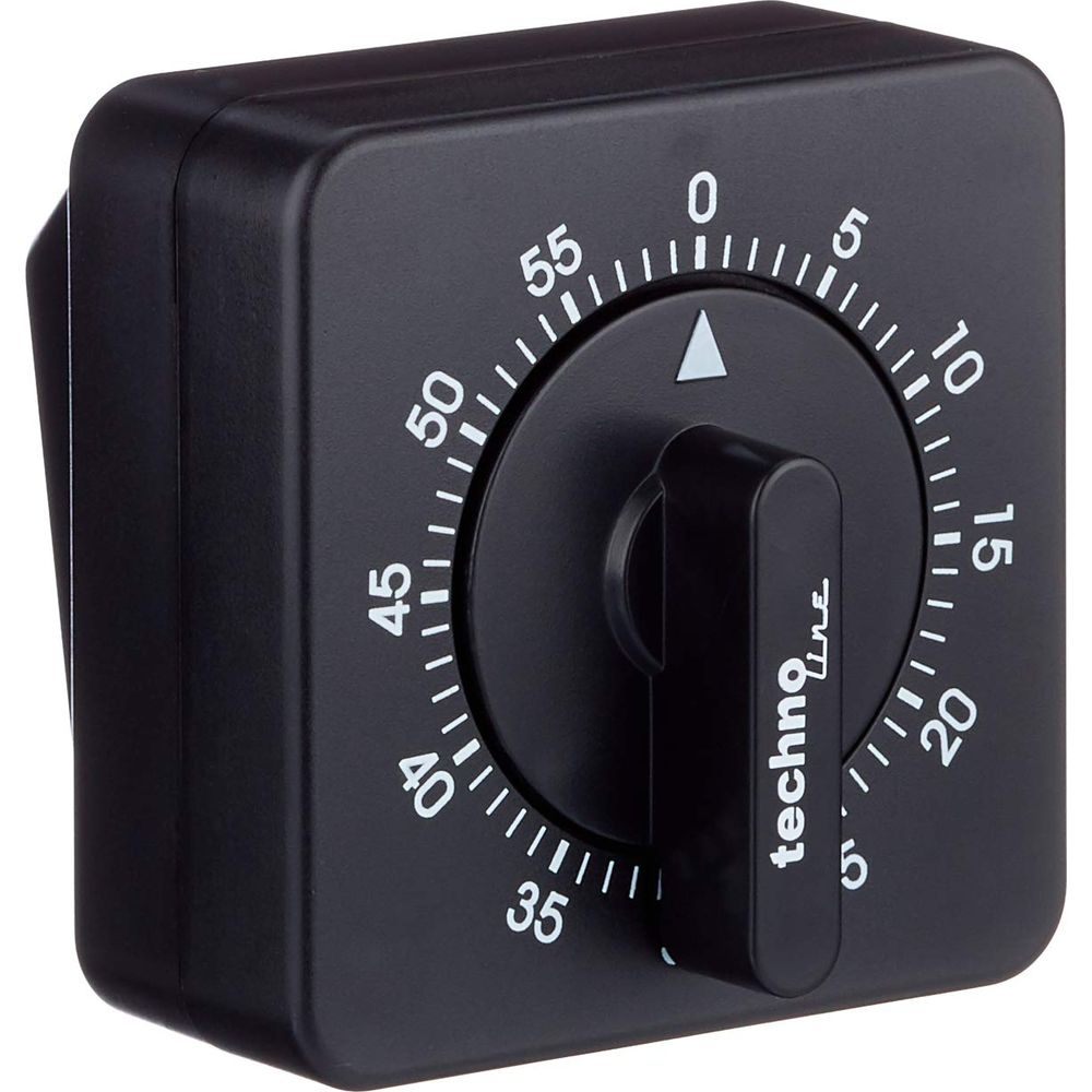 Un minuteur mécanique noir avec une échelle de 0-60 et un bouton rotatif.