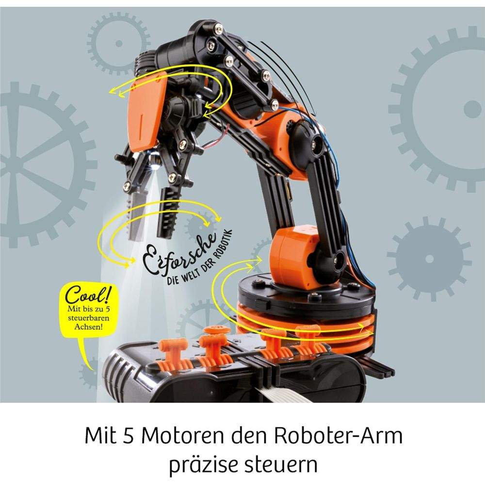 Ein orange-schwarzer Roboterarm mit Greifer und Steuereinheit, vor Zahnrädern.