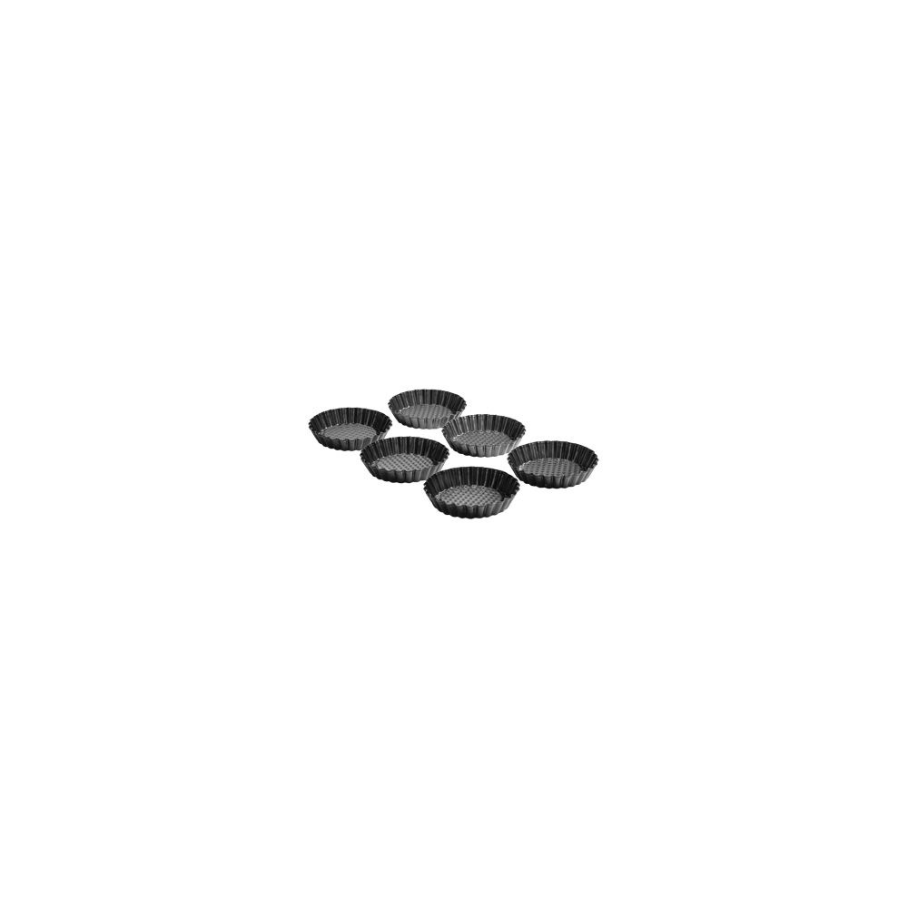 Sechs runde, gerippte Tartlet-Formen aus dunklem Metall stehen nebeneinander.