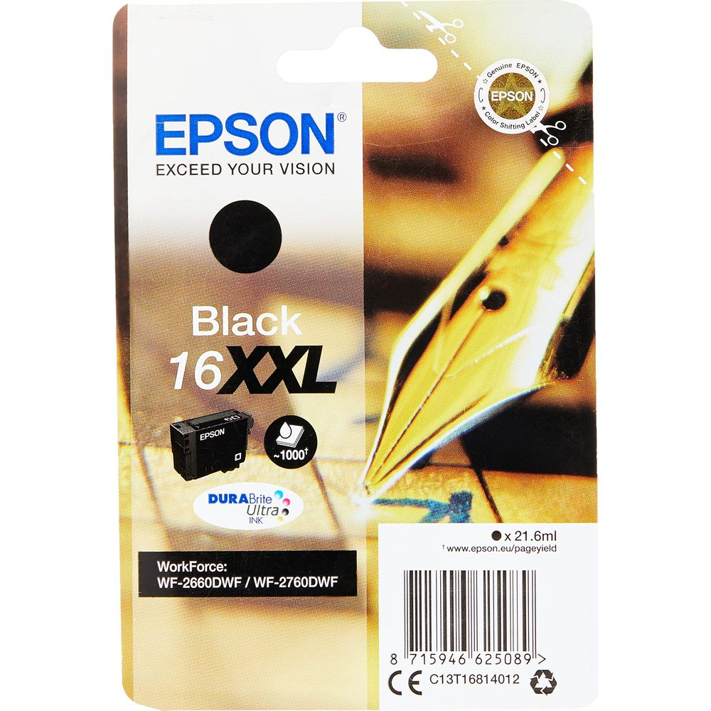 Cartucho de tinta Epson Negro 16XXL con marca y indicador de nivel.