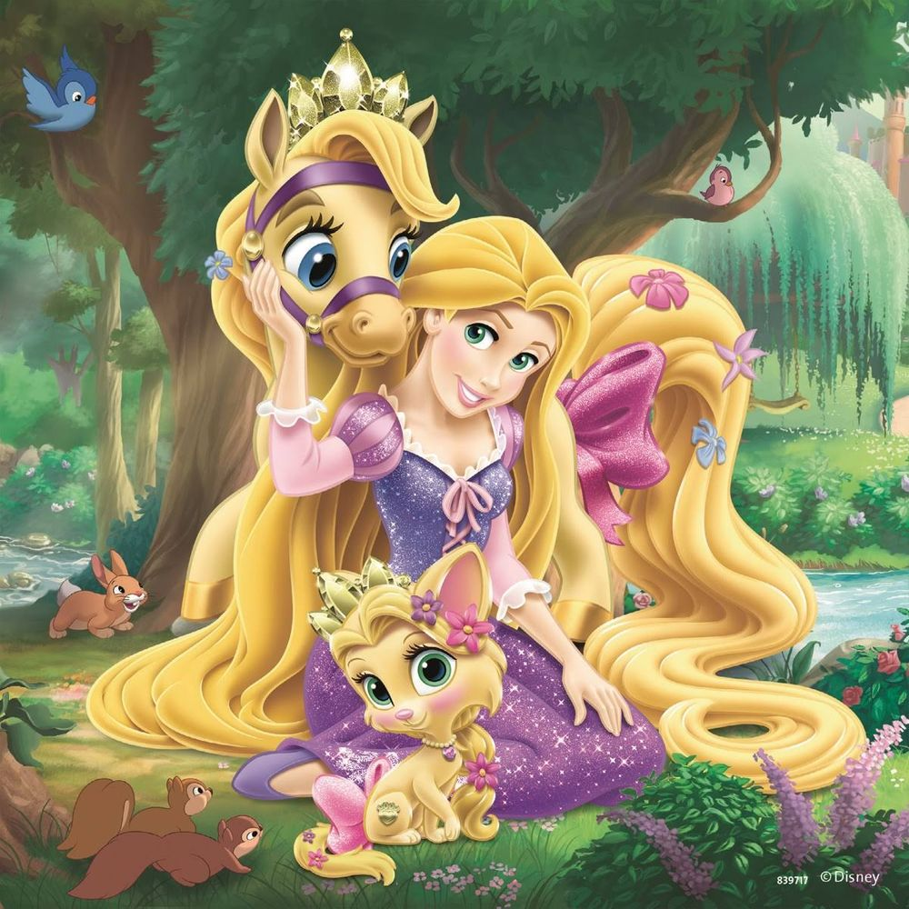 Rapunzel è seduta con il suo cavallo Maximus e il cane Lou in un prato.
