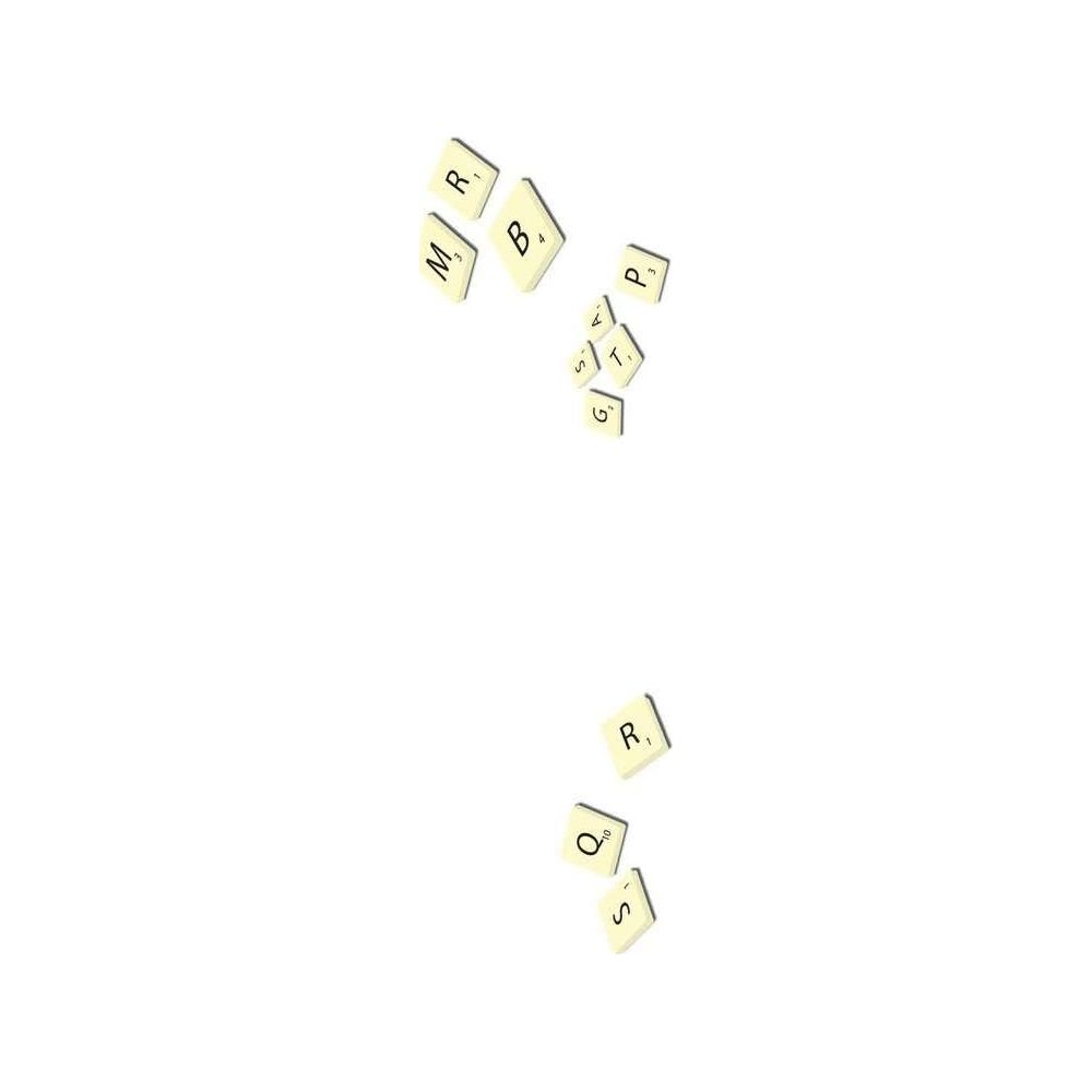 Verschillende spelstenen met letters en cijfers op witte achtergrond.