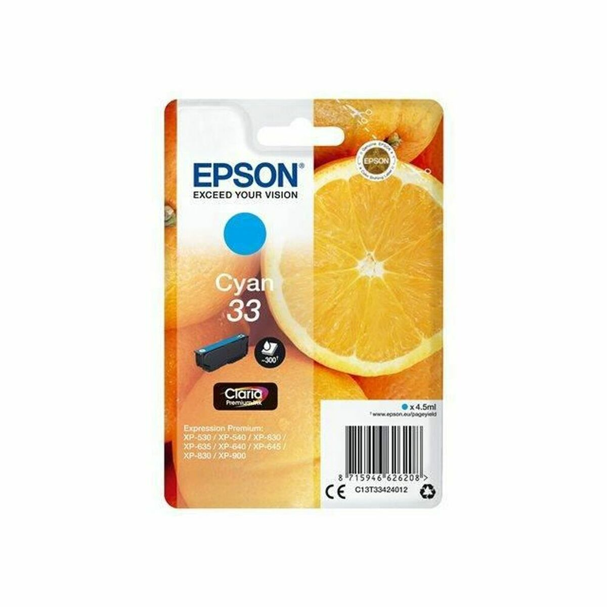 Epson Cyan 33 inktcartridge met sinaasappeldesign en productdetails.