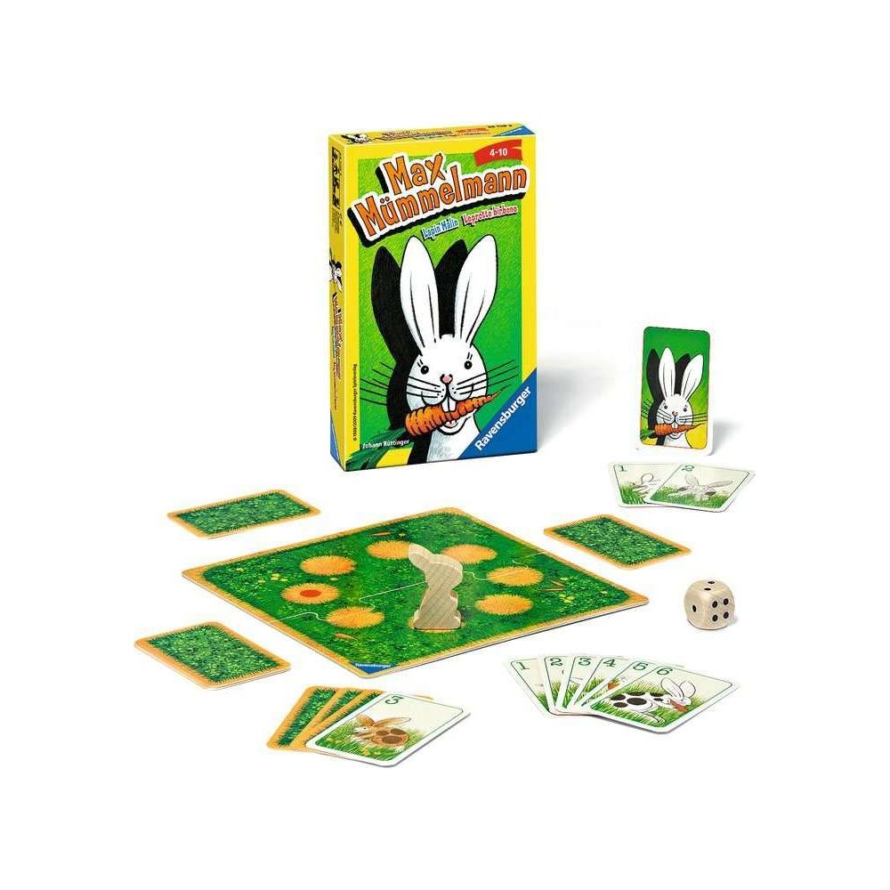 Spielbrett mit Hasenfiguren, Karten, Würfel und Spielbox.