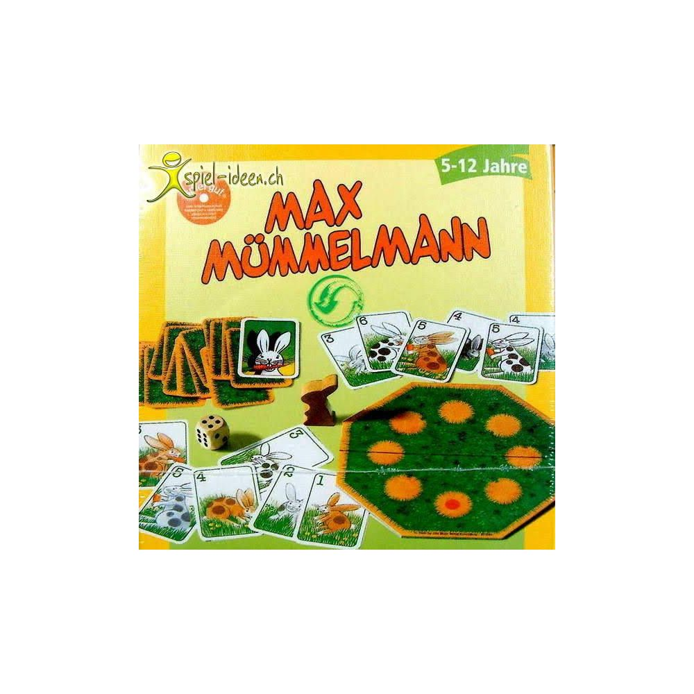 Spiel MAX MÜMMELMANN mit Hasen und Sonnenblumen-Karten, Würfel und Spielbrett.
