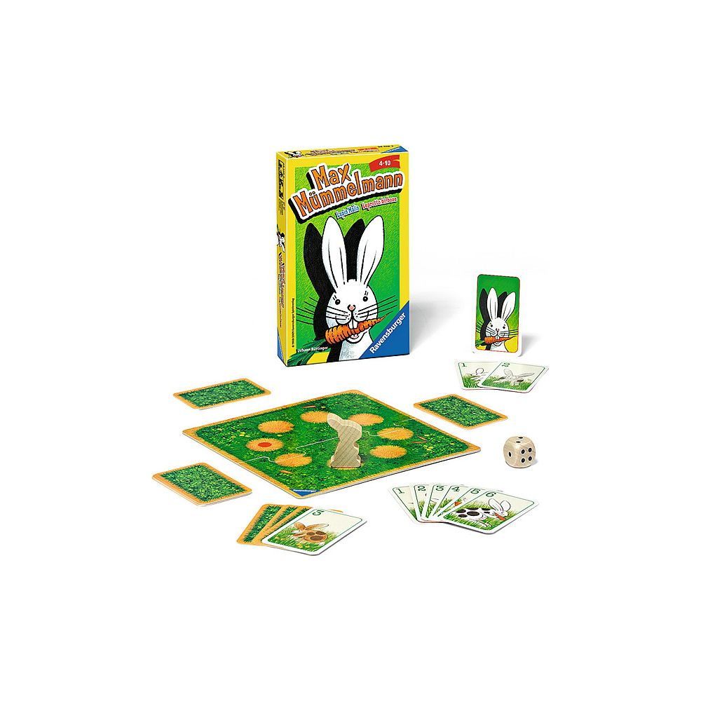 Brettspiel mit Hasenmotiv, Würfel, Karten und Spielfeld.