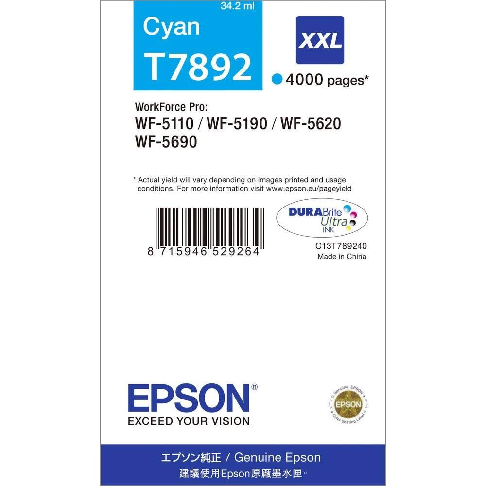 Epson T7892 Cyan XXL inktcartridge met 4000 pagina's voor WorkForce Pro printers.