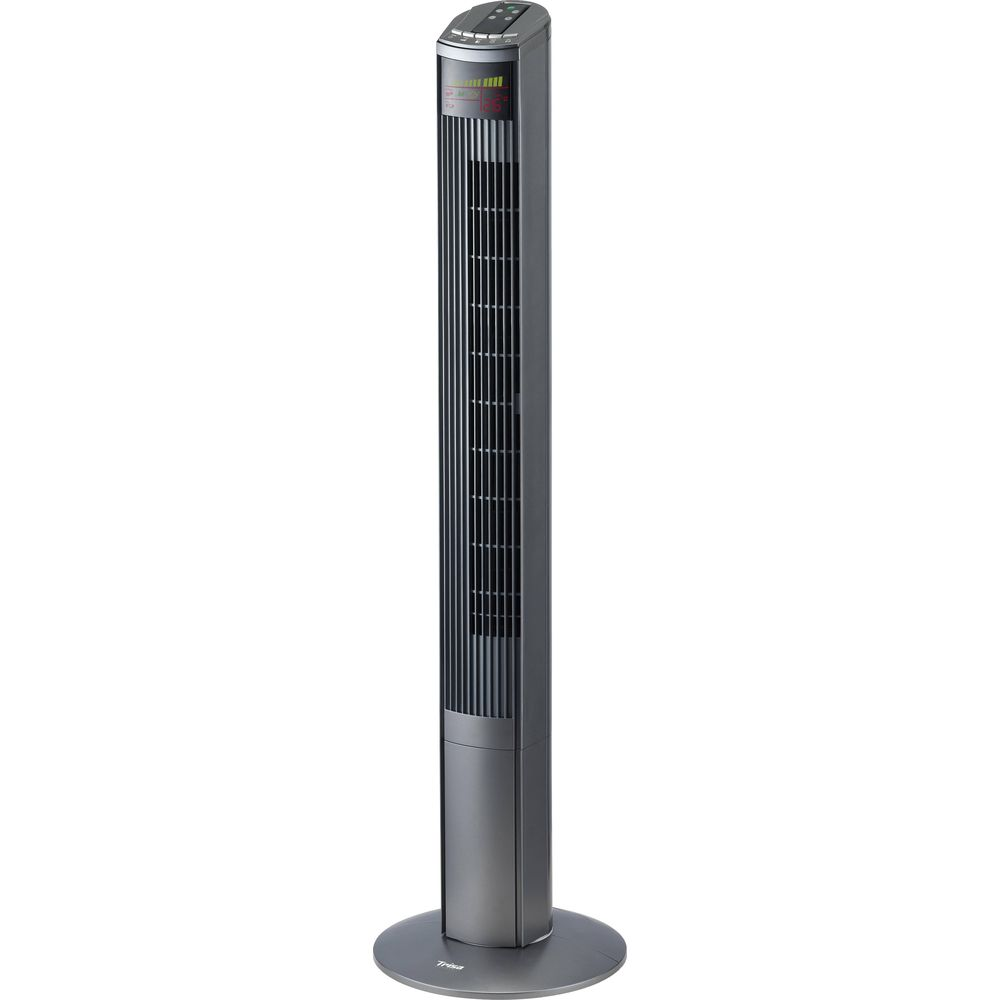 Ein schlanker, dunkler Turmventilator auf einem runden Sockel.