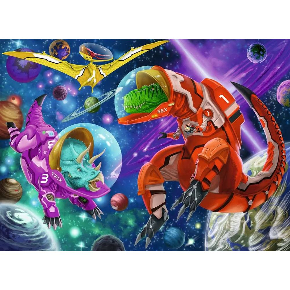 Zwei Dinosaurier in Raumanzügen fliegen im Weltraum zwischen Planeten und Sternen.