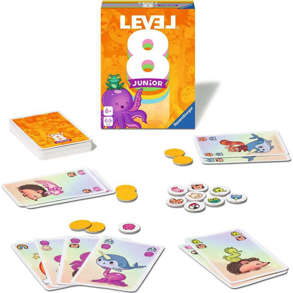 Board game "Level 8 Junior" with cards, chips, and game box.