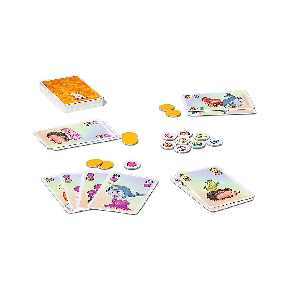 A game with cards featuring cartoon animals, coins, and tokens on a white background.