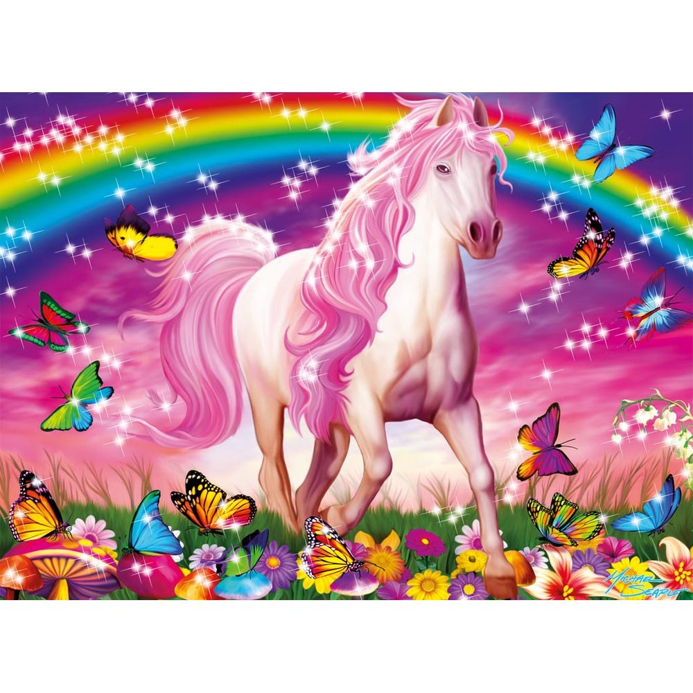 Un unicorno bianco con criniera rosa davanti a un arcobaleno e molte farfalle.