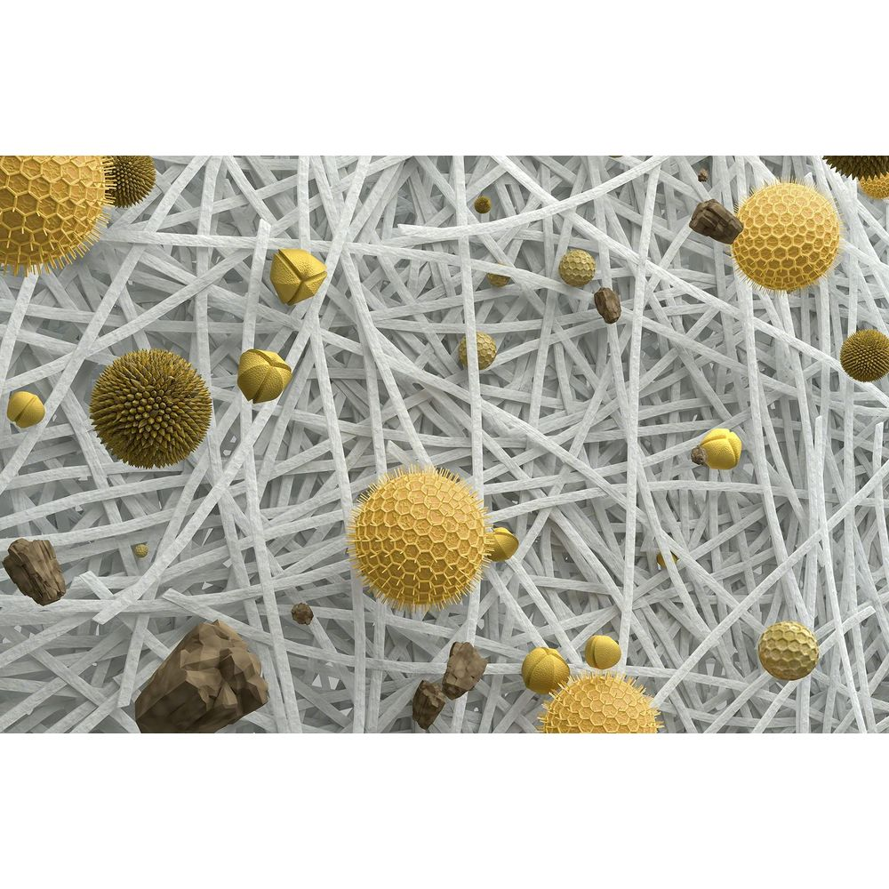 Pollini gialli e particelle marroni fluttuano su una rete di fibre bianche.