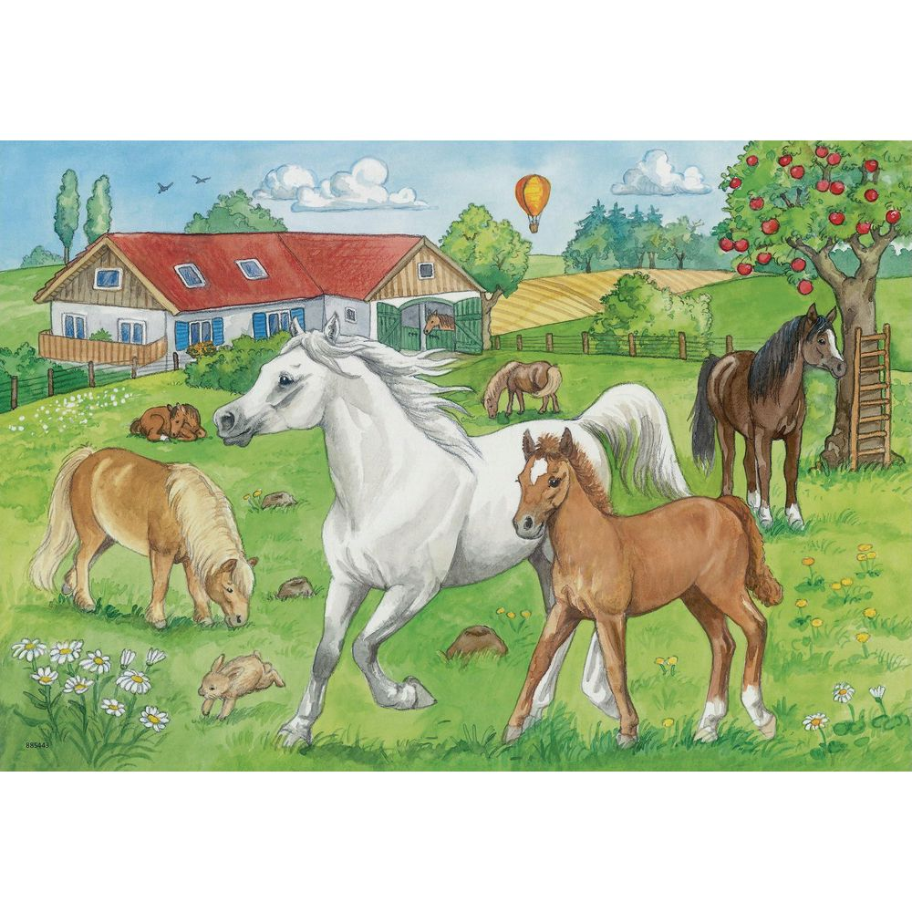 Scène de ferme avec des chevaux, des poulains, des lapins et une montgolfière.