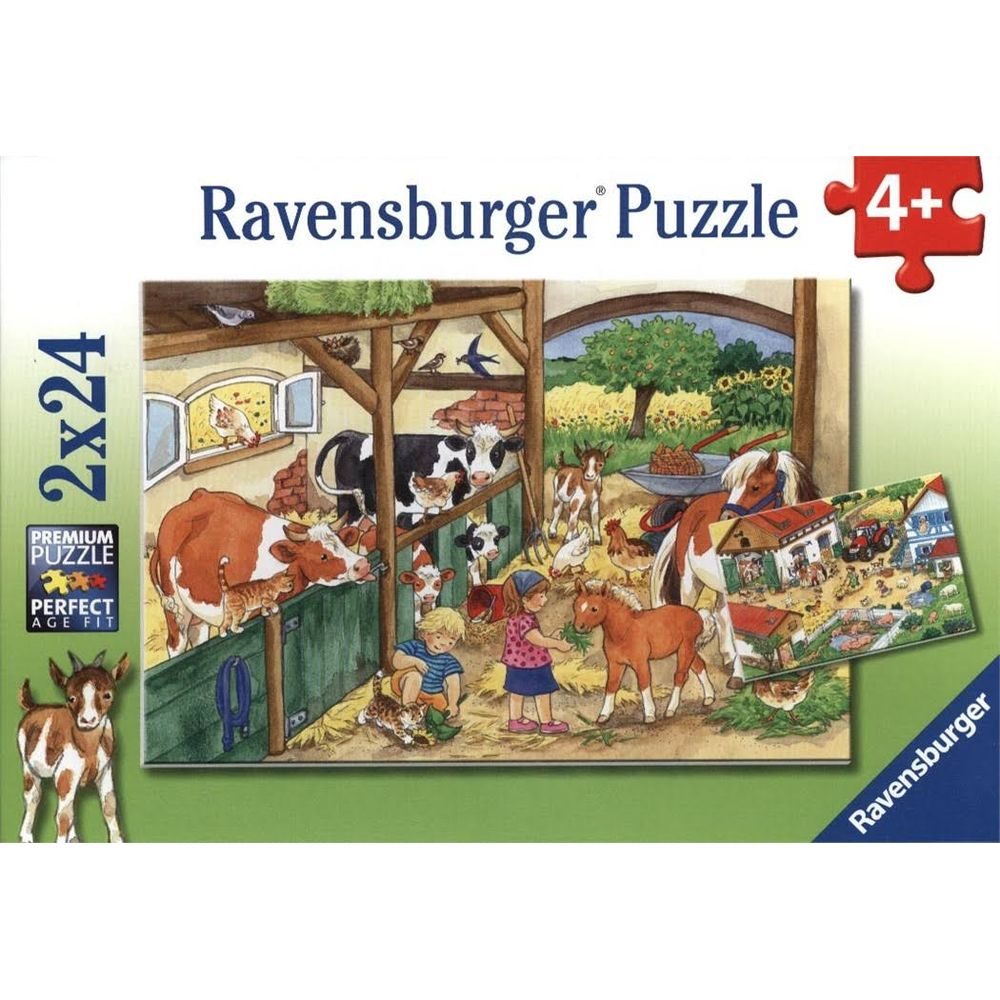 Ravensburger puzzeldoos met boerderijdieren, kinderen en een schuurscène.