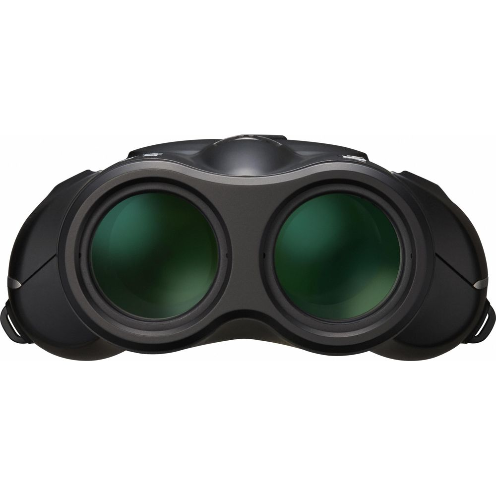 Binocolo nero con lenti verdi su sfondo bianco.