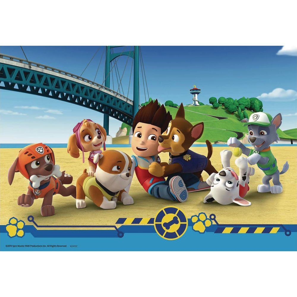 Sei cuccioli di Paw Patrol e Ryder siedono su una spiaggia davanti a un ponte. Un cane gioca con una palla.