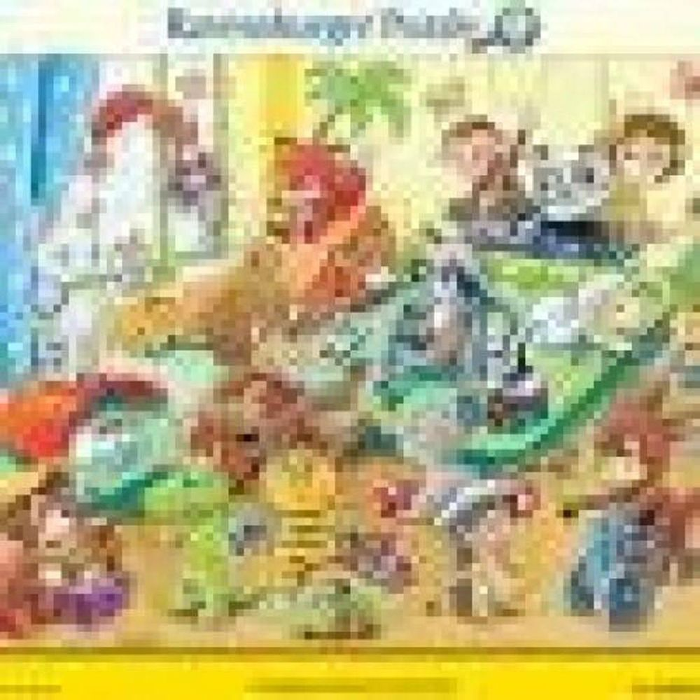 Scena di cartone animato colorata con molti bambini e animali in un parco giochi.