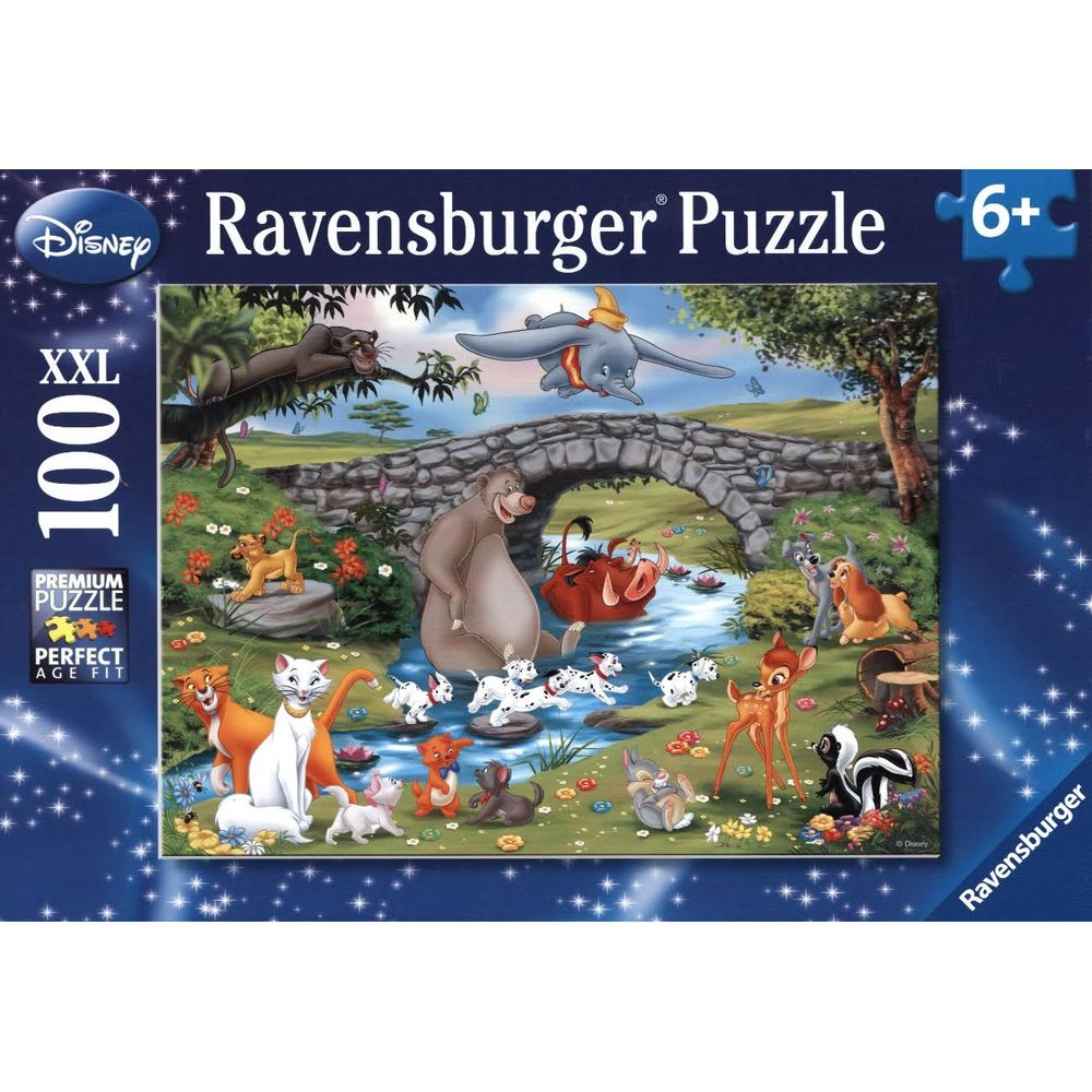 Disney-personages op puzzeldoos: Dumbo, Baloo, Pumbaa, kittens, puppy's, hert, skunk.