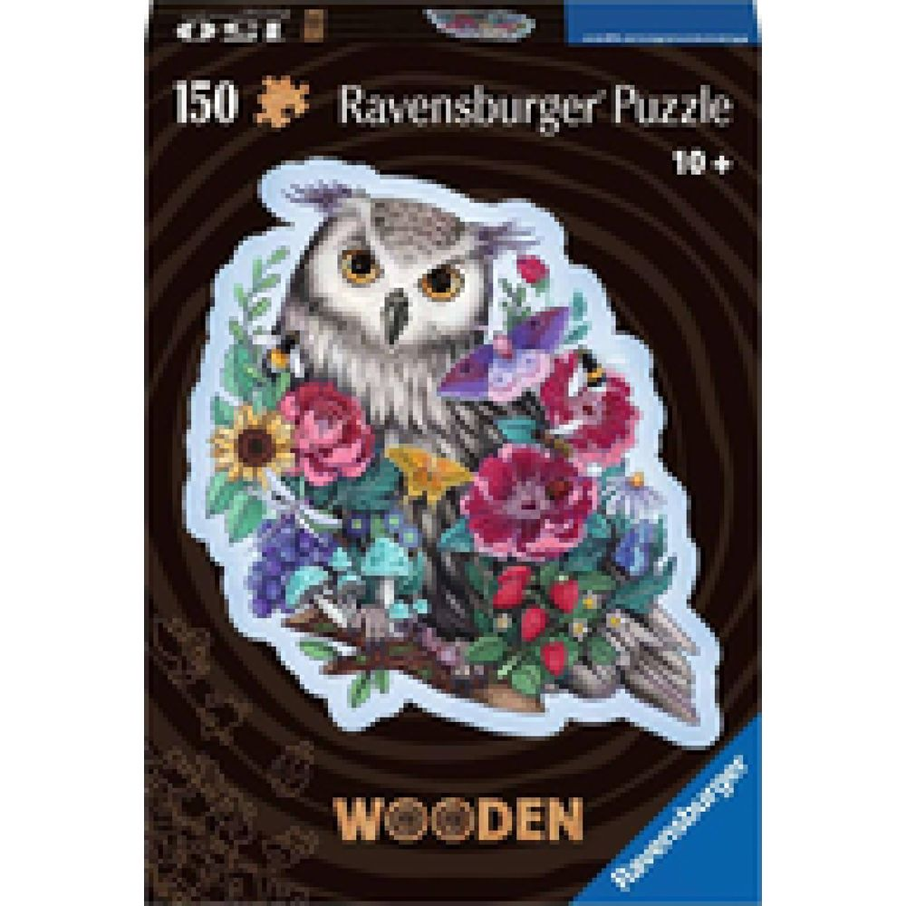 Ein Ravensburger Holzpuzzle zeigt eine Eule, umgeben von bunten Blumen, Früchten und Schmetterlingen.