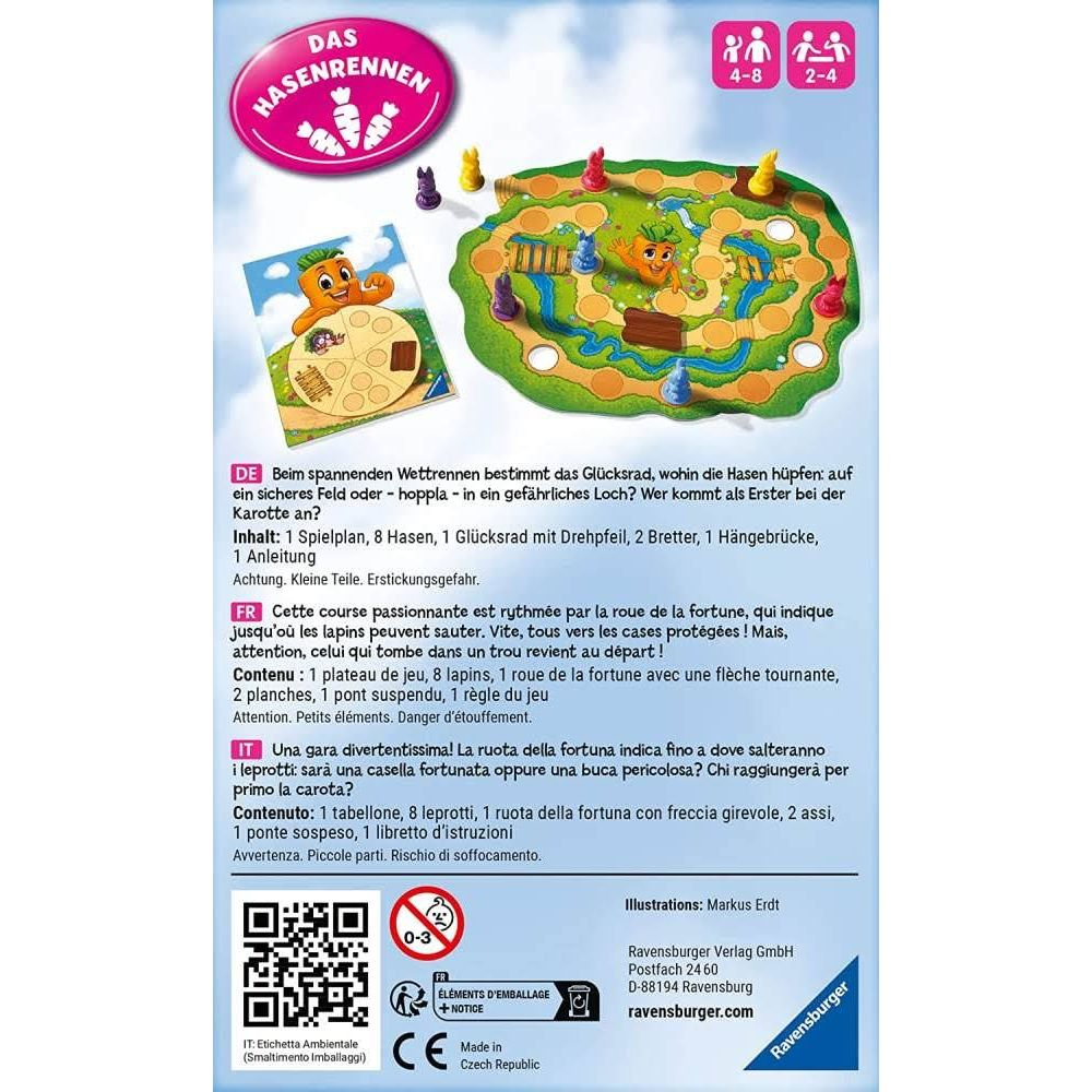 Spielbrett mit Hasenfiguren, Karotte und Glücksrad für das Spiel 'Hasenrennen'.