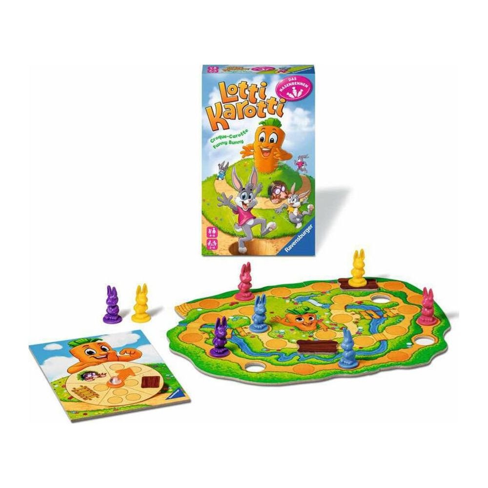 Lotti Karotti Brettspiel mit Karotten- und Hasenfiguren und Spielschachtel.