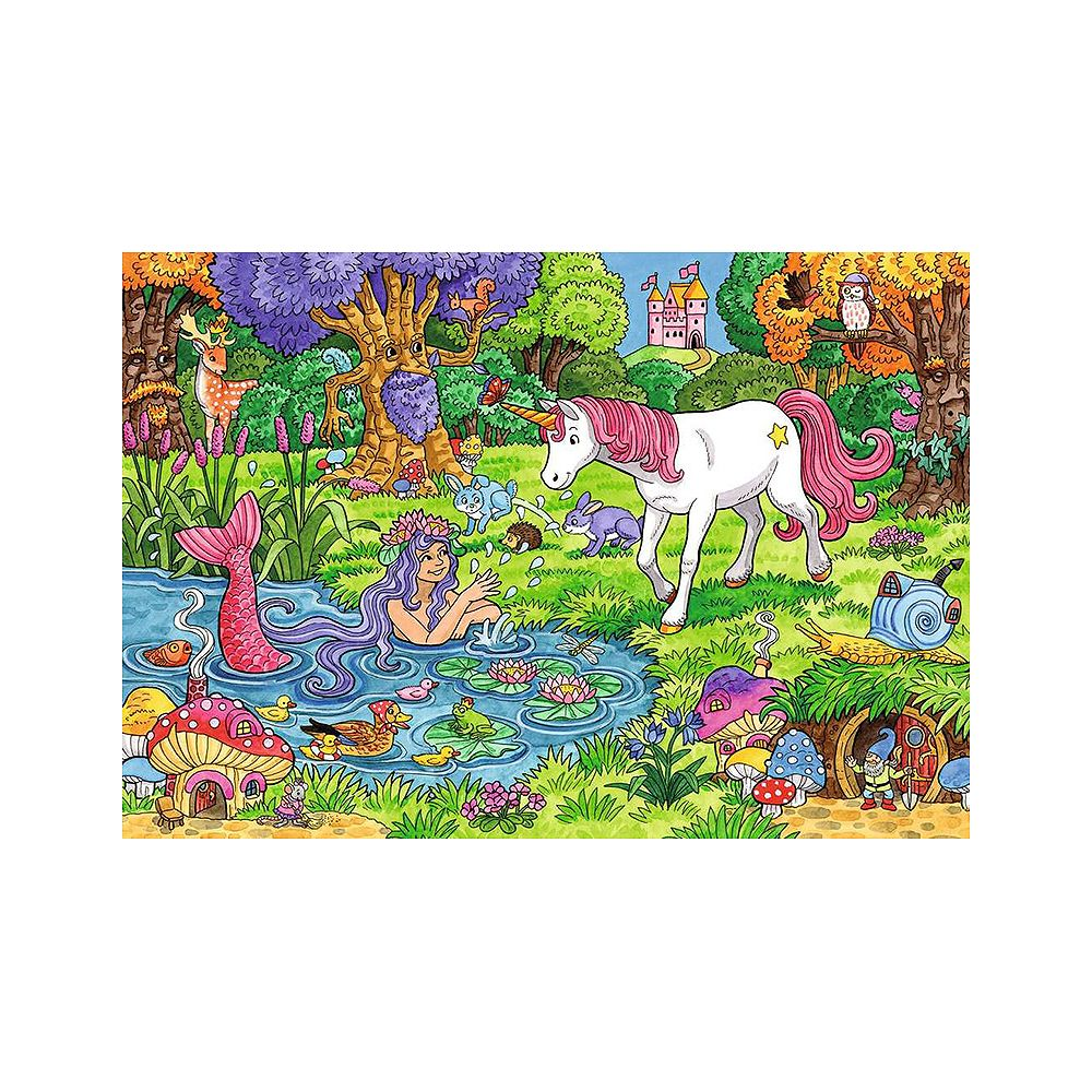 Un unicorno vicino a uno stagno con una sirena, circondato da creature del bosco e un castello.