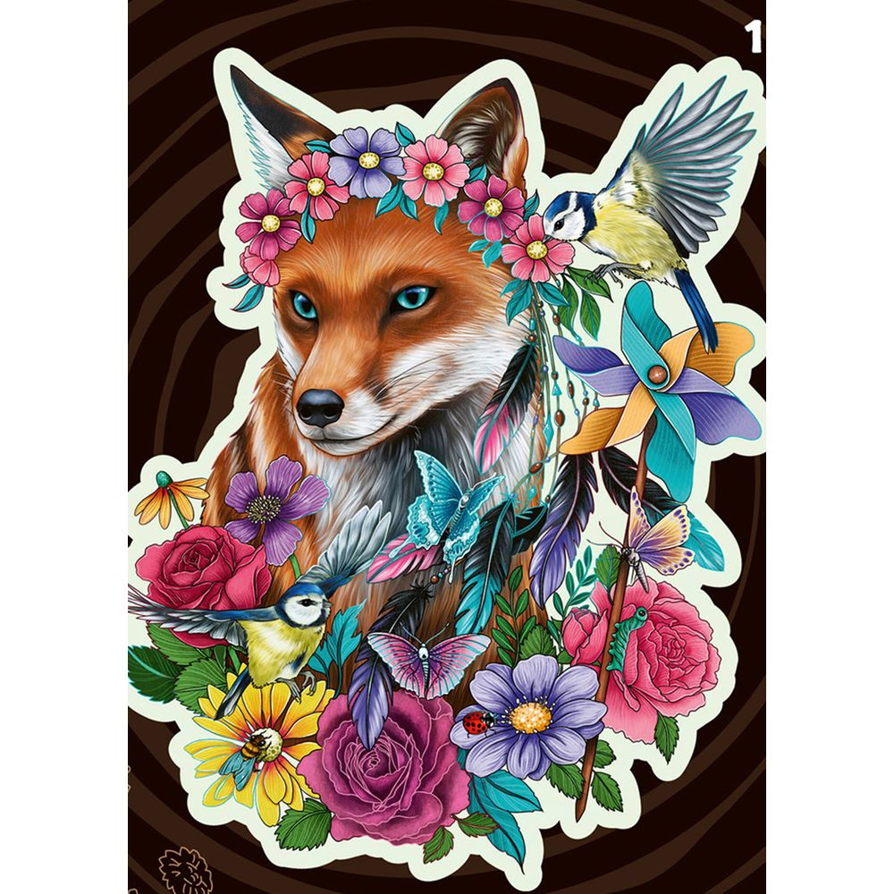 Een vos met een bloemenkrans, omringd door vogels, vlinders en bloemen.