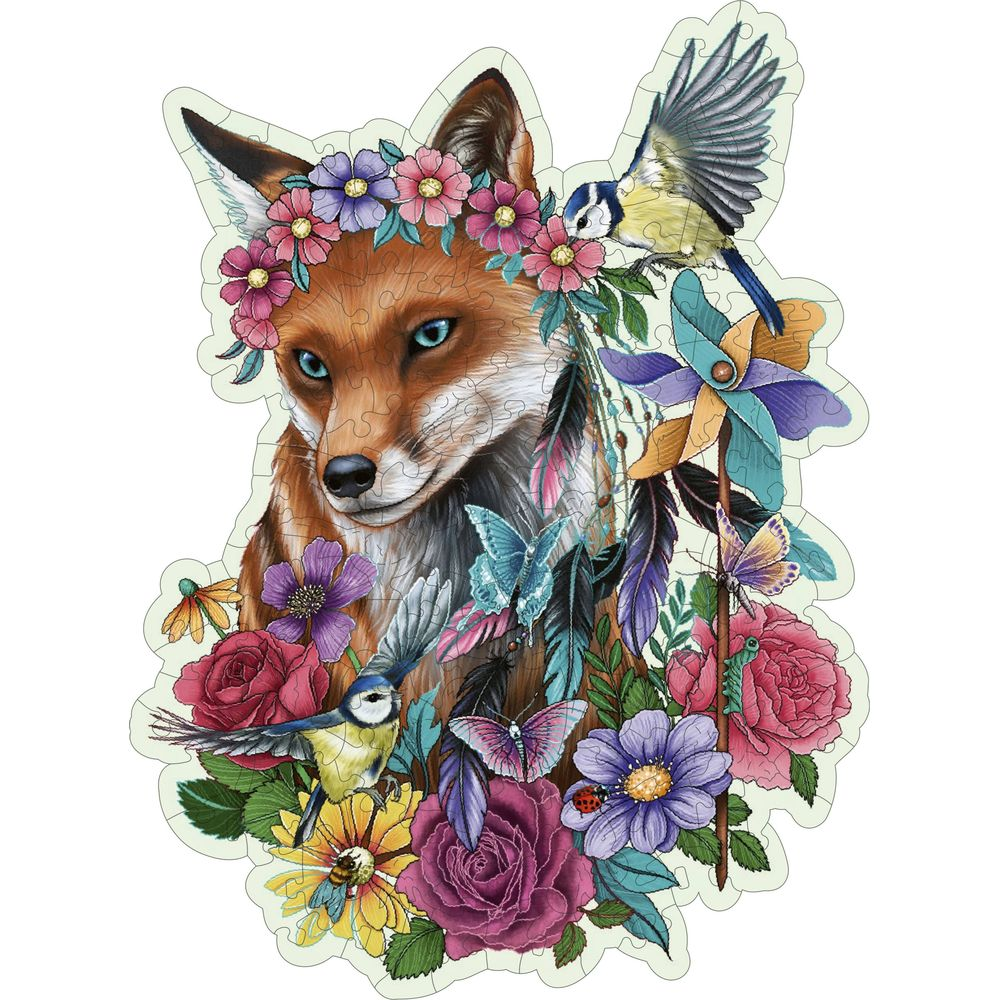 Een vos met een bloemenkrans, omringd door vogels, vlinders en bloemen.