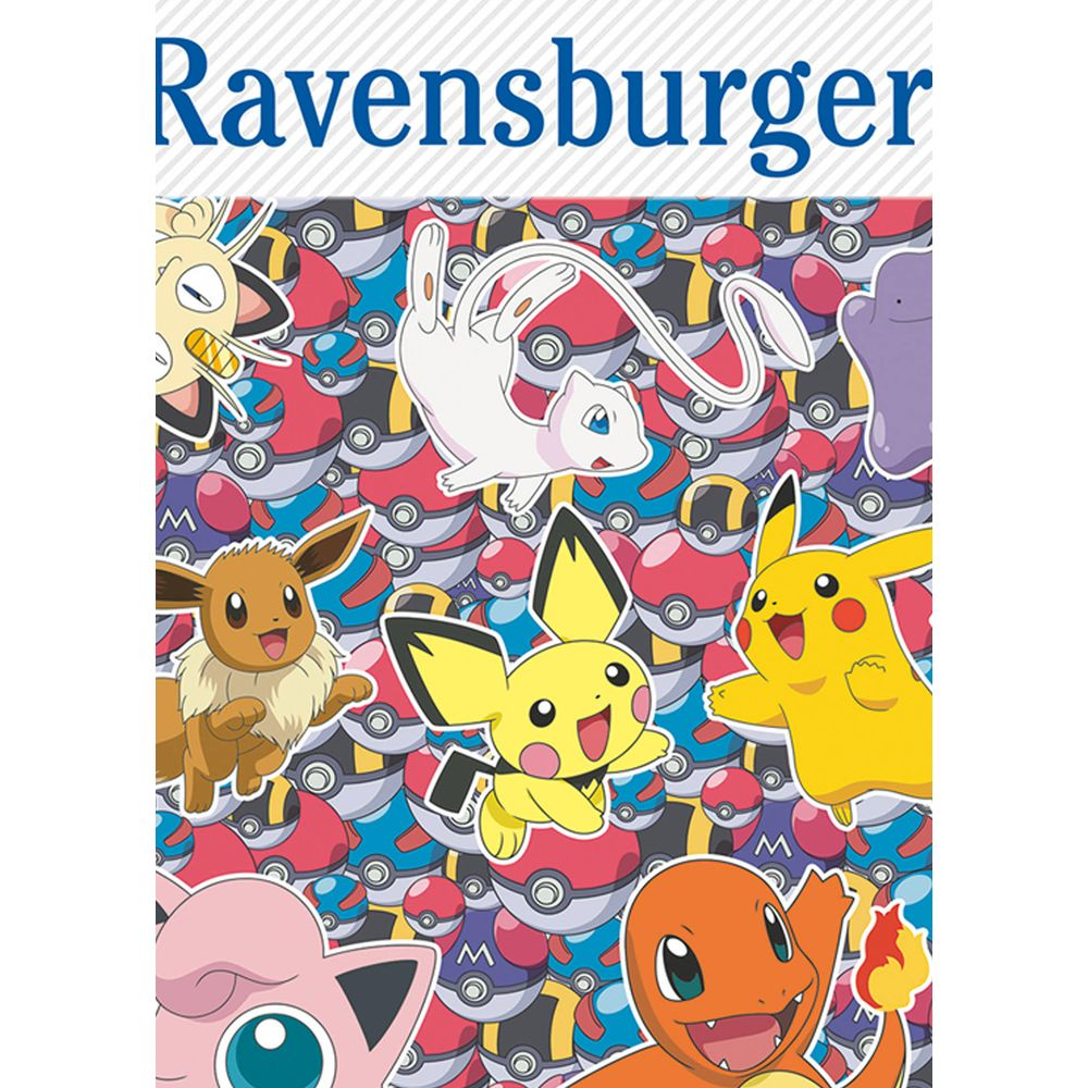 Ravensburger logo boven Pokémon: Pikachu, Eevee, Mew, Ditto, Charmander, Jigglypuff.