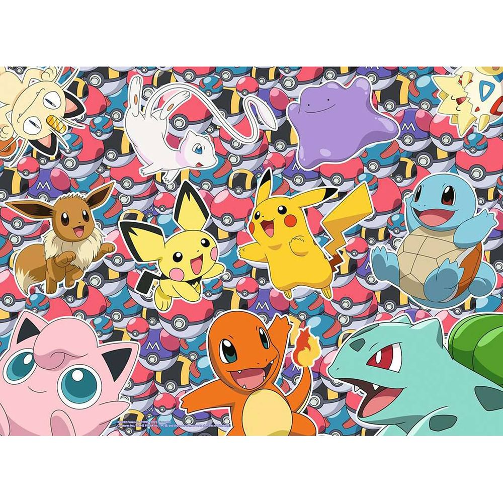 Kleurrijke Pokémon-personages zoals Pikachu, Eevee en Charmander op een Poké Ball-achtergrond.