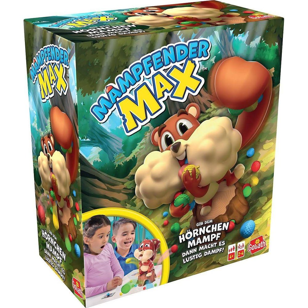 Verpackung des Spiels "Mampfender Max" mit einem Eichhörnchen, das Nüsse sammelt.