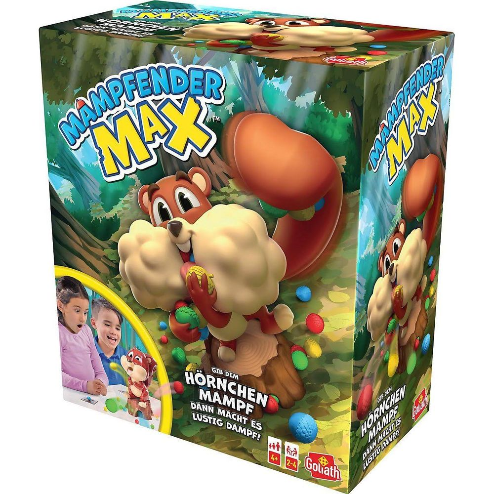 Brettspiel-Verpackung mit Eichhörnchen, das Nüsse isst, und Kindern.
