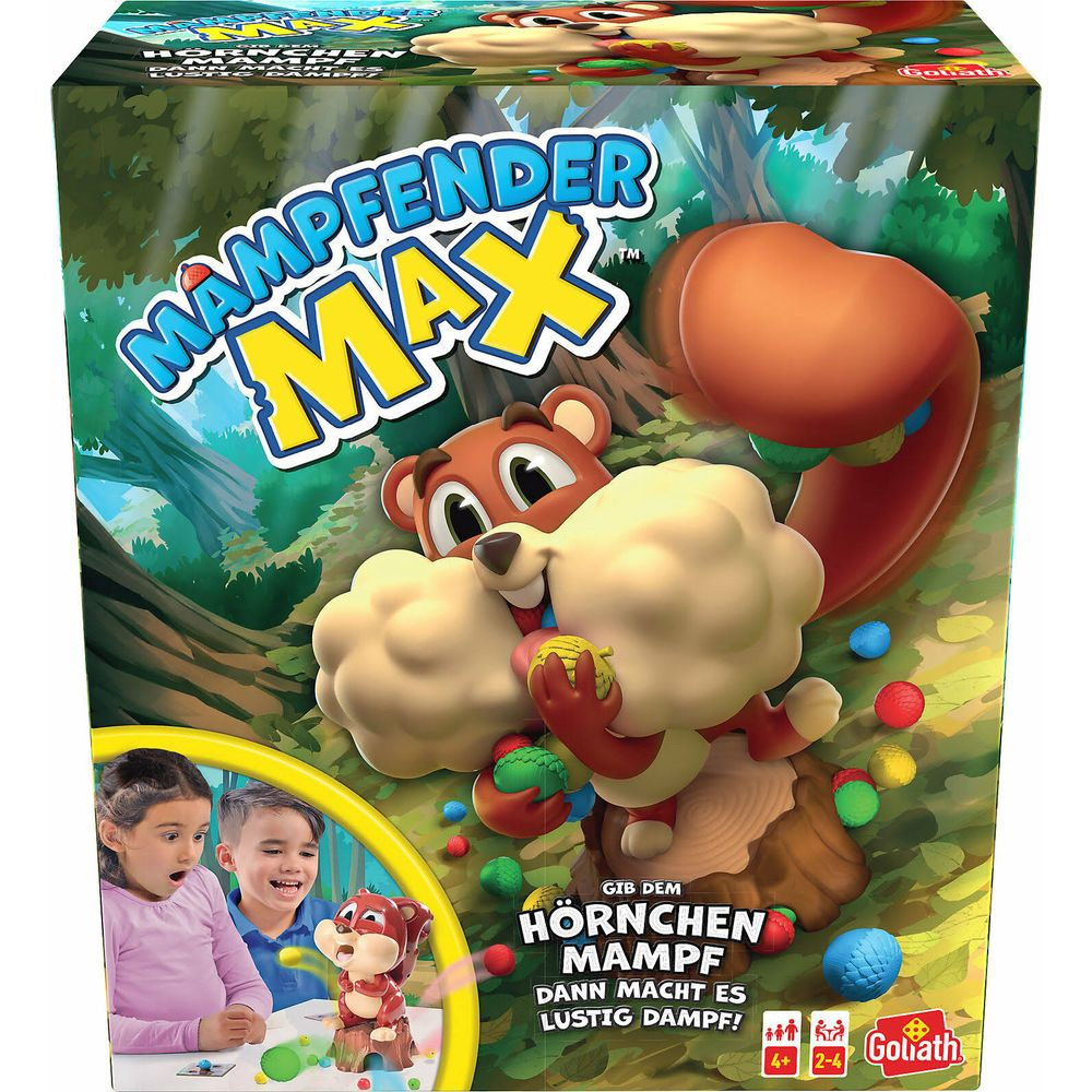 Ein Eichhörnchen-Spiel namens Mamfender Max mit Kindern, die zuschauen.