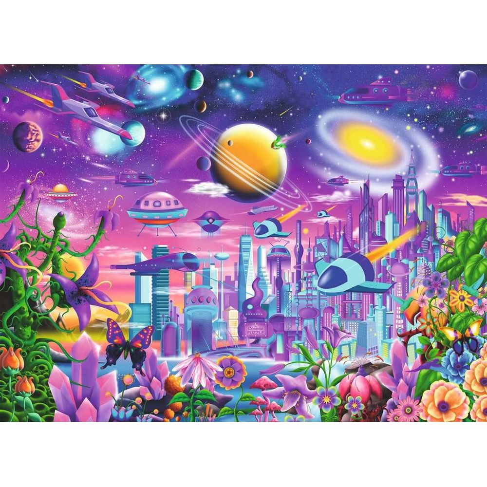 Eine futuristische Stadt mit Raumschiffen, Planeten und bunten Blumen.
