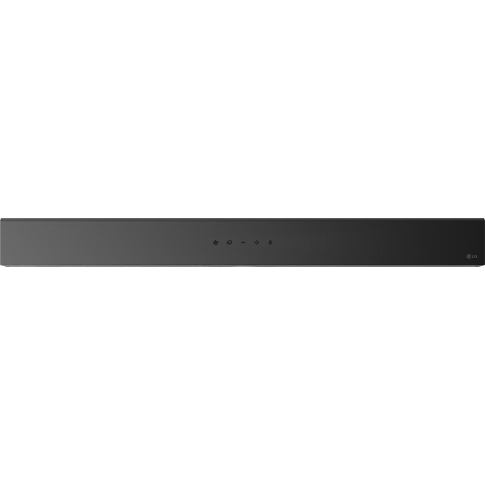 Soundbar LG nero con pulsanti di controllo e logo su sfondo bianco.