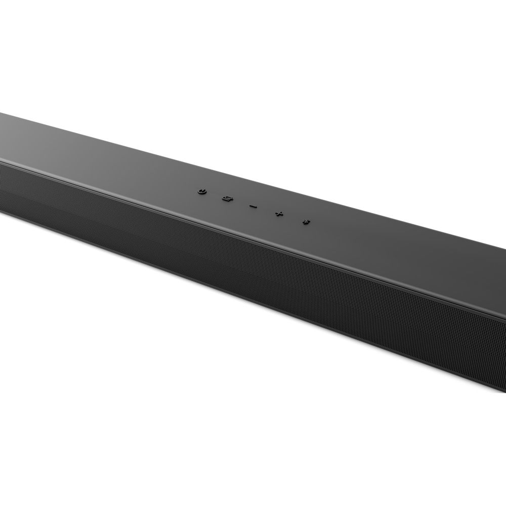 Soundbar nera con pulsanti sulla parte superiore, su sfondo bianco.